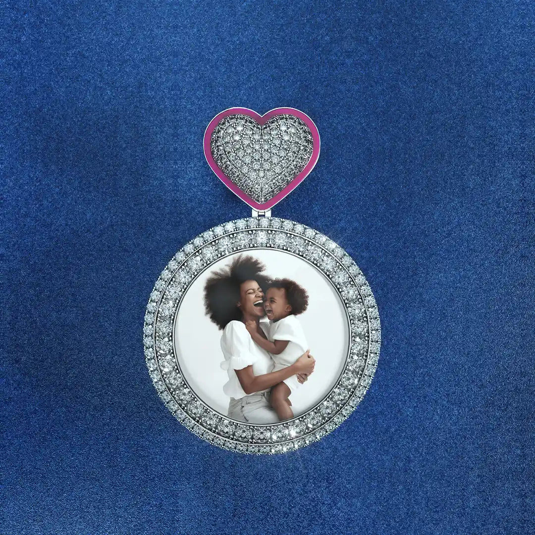Side View of Large Custom Photo Pendant with Micro Pave Setting