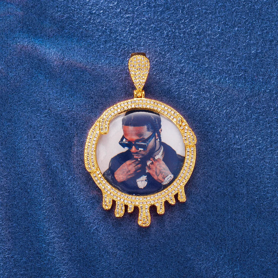 Drip Style Custom Photo Pendant for Men in Yellow Gold