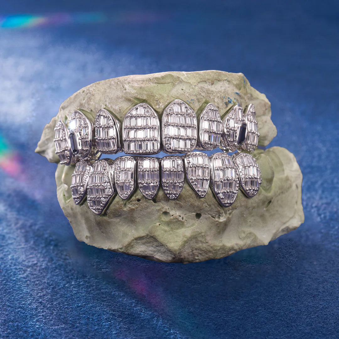 Close-up of lab diamond grillz with moissanite stones