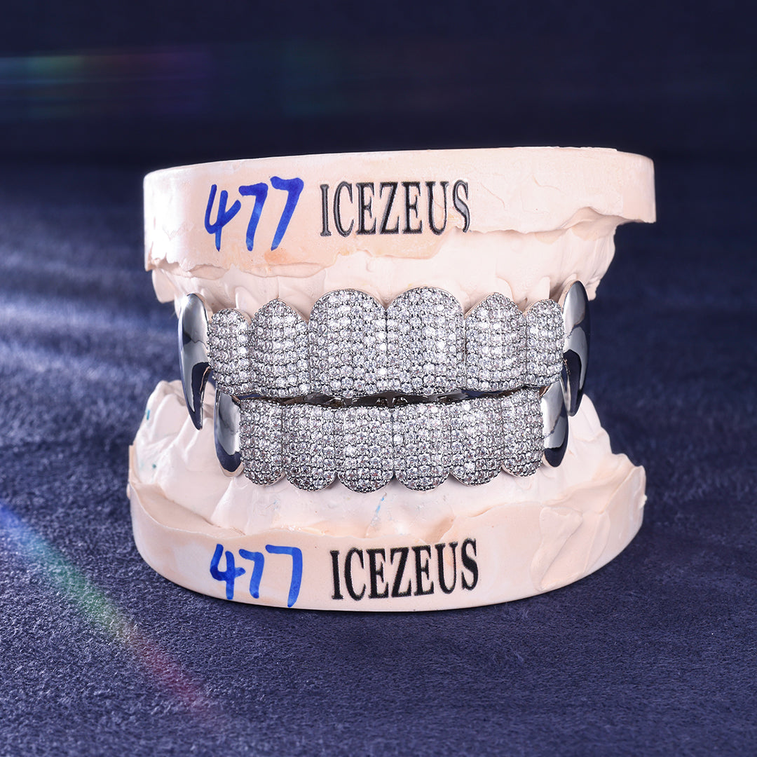 Moissanite open face grillz with high-polish silver base