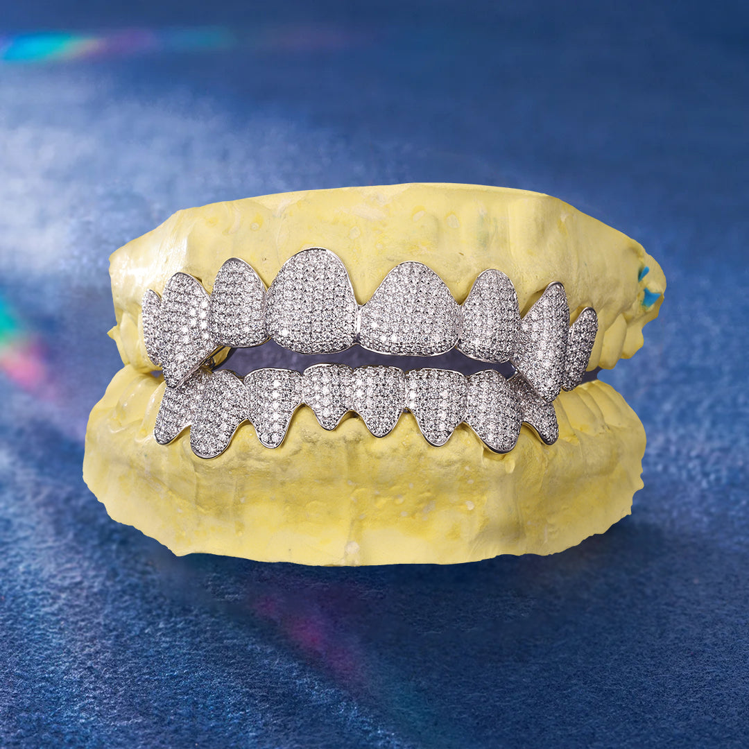 Iced-out moissanite top and bottom grillz set with prong setting