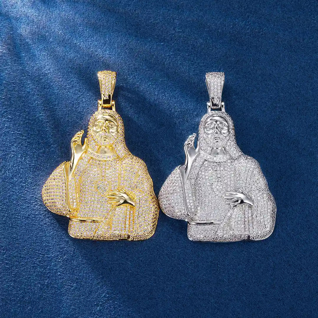 Side Angle of Iced Out Jesus Pendant in Yellow Gold
