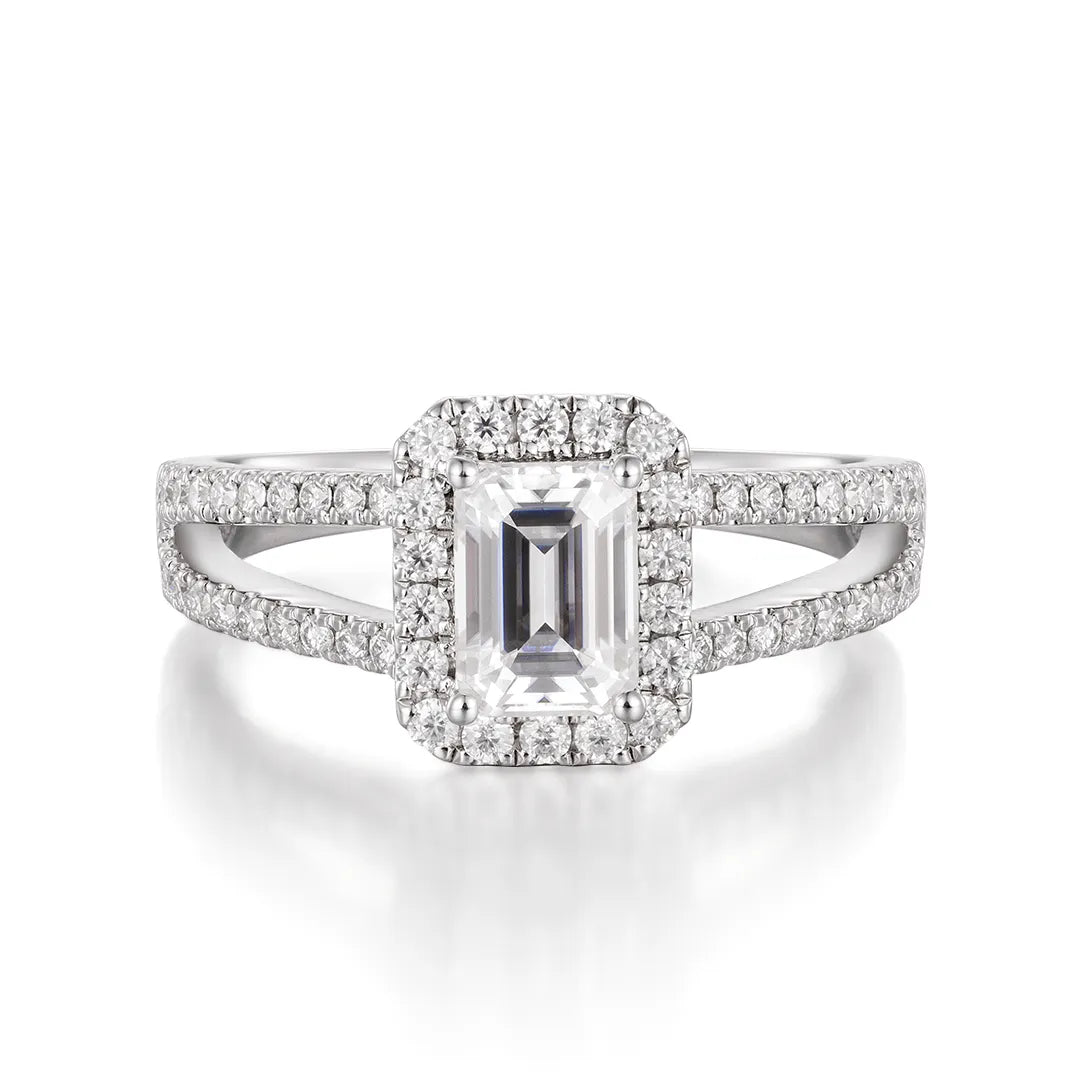 Moissanite Emerald Cut Halo Split Shank Engagement Ring