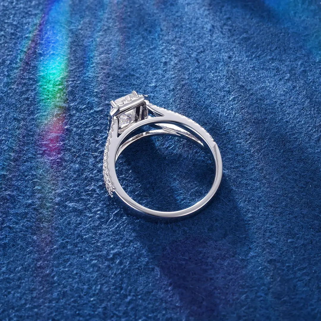 Moissanite Emerald Cut Halo Split Shank Engagement Ring