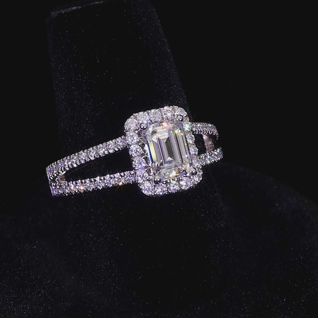 Moissanite Emerald Cut Halo Split Shank Engagement Ring