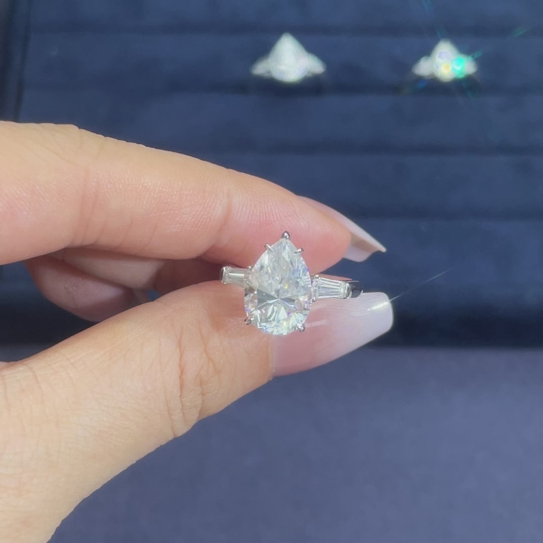 Moissanite Pear Cut Baguette Three-Stone Ring